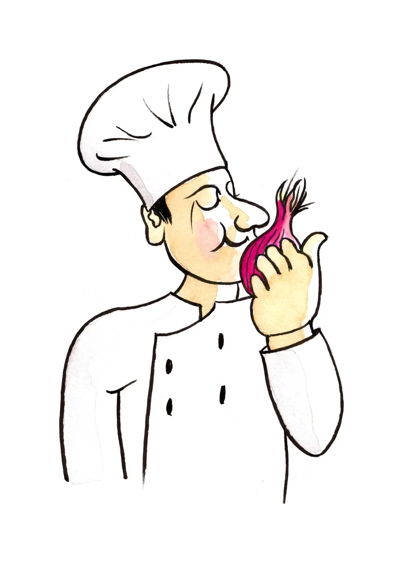 Front cover illustration — a chef contentedly smelling a red onion